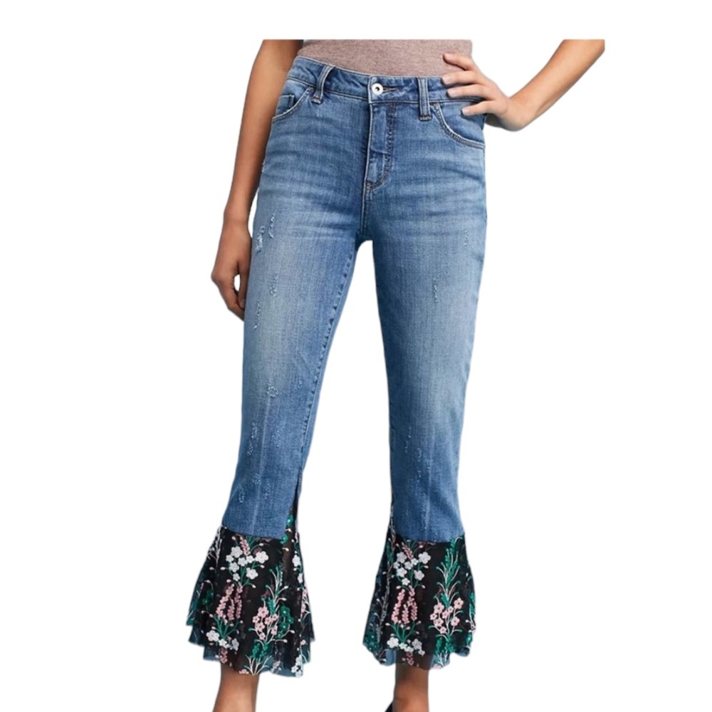 Anthropologie Pilcro And The Letterpress Boho Flare Flounce Floral Hem Jeans